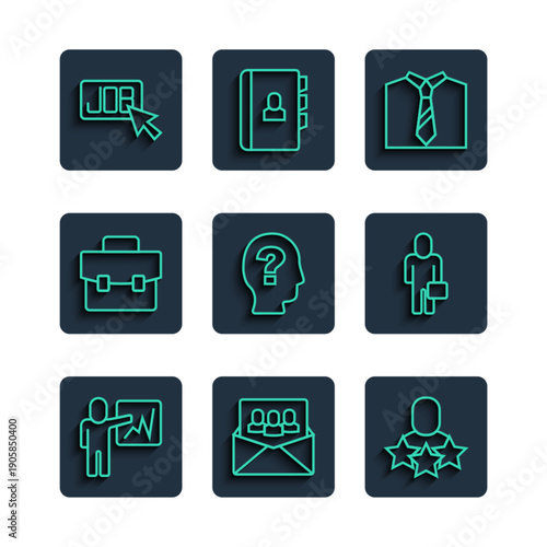 Set line Leader of a team of executives, Project base, Productive human, Tie, Worker, Briefcase, Search job and Businessman icon. Vector