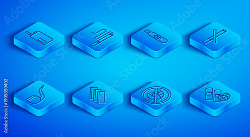 Set line Electronic cigarette, Cigarette, rolling papers, No tobacco leaf, smoking, pipe and Medical nicotine patches icon. Vector