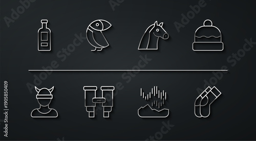 Set line Bottle of vodka, Viking head, Beanie hat, Northern lights, Binoculars, Albatross, Socks and Horse icon. Vector