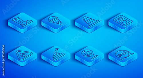 Set line Fire boots, cone bucket, Traffic, hose reel, Location with fire flame, alarm system, in triangle and Emergency call 911 icon. Vector