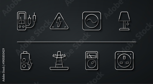 Set line Ampere meter, multimeter, Battery charge, Table lamp, Electric tower line, High voltage, Electrical outlet and AC source icon. Vector