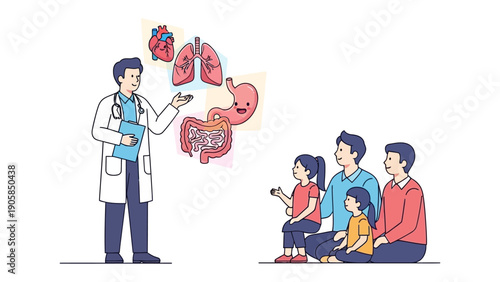Healthcare Discussion: A doctor explains vital human organs to a family, promoting health awareness and educational learning.