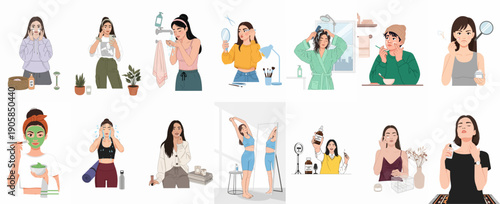Set of Daily Beauty and Self-Care Illustrations: Depicting skincare, grooming, hygiene, wellness, and cosmetic routines for men and women.