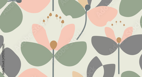 Stylized Floral Pattern with Leaves and Flowers.
