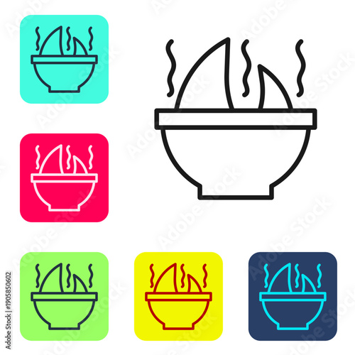 Black line Shark fin soup icon isolated on white background. Set icons in color square buttons. Vector