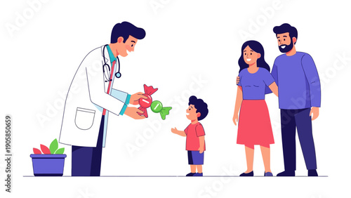 Sweet Surprise at the Doctor's: A friendly doctor offers a sweet treat to a young child, watched over by their supportive parents, creating a warm scene of care and comfort.