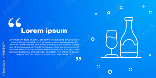 White line Wine bottle with glass icon isolated on blue background. Vector