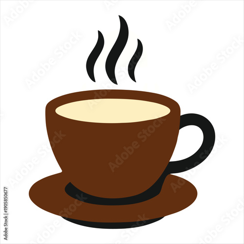 A hot cup of coffee with steam rising from the brown mocha espresso beverage is a caffeine-filled breakfast icon and vector design symbol for a cafe or restaurant