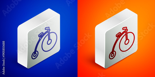 Isometric line Vintage bicycle with one big wheel and one small icon isolated on blue and orange background. Bike public transportation sign. Silver square button. Vector