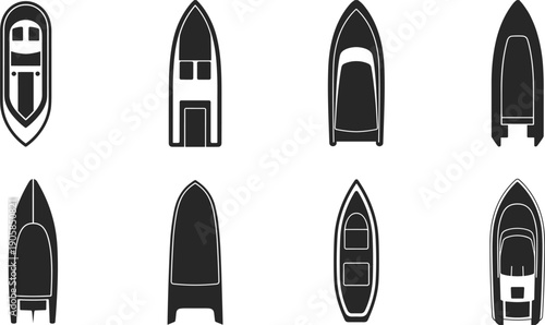 Boat and yacht silhouette icon set showing various motorboats from top view isolated on white background minimal marine vector illustration
