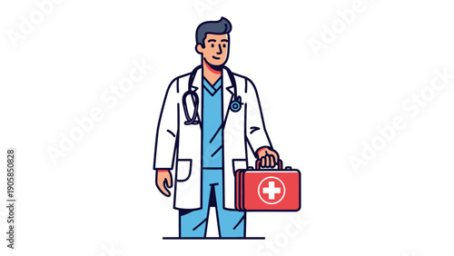 Medical Professional's Steadfast Care: A compassionate doctor stands ready, clutching a medical kit, symbolizing health, treatment, and dependable support in the healthcare realm.