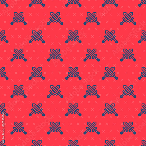 Blue line Crossed medieval sword icon isolated seamless pattern on red background. Medieval weapon. Vector