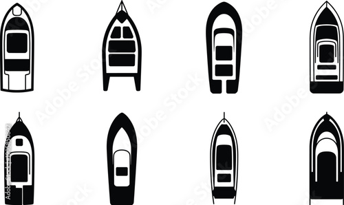 Boat silhouette icon set showing yachts and motorboats from top view isolated on white background minimal marine vector illustrationBoat silhouette icon set showing yachts and