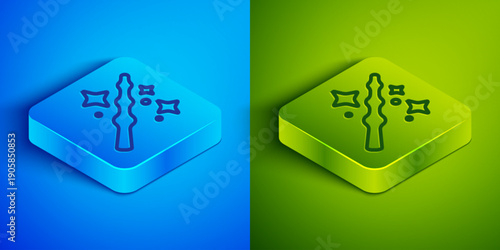 Isometric line Magic wand icon isolated on blue and green background. Star shape magic accessory. Magical power. Happy Halloween party. Square button. Vector