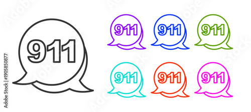 Black line Telephone with emergency call 911 icon isolated on white background. Police, ambulance, fire department, call, phone. Set icons colorful. Vector