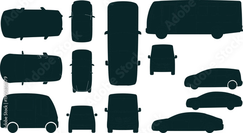 Car and bus silhouette illustration set showing multiple vehicle types from top front side views isolated on white background vector design