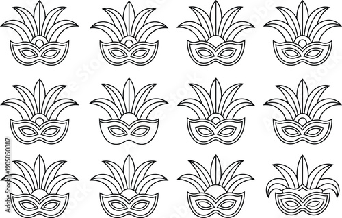 Collection of nine black and white feathered masks on a white background for art and design