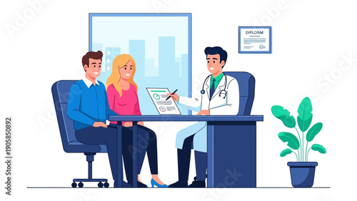 Consultation and Hope: A doctor engages in a hopeful consultation with a couple, offering expert advice in a clean, modern medical setting.
