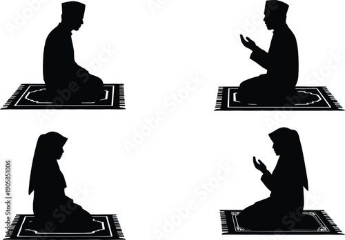 Silhouettes of people praying on prayer mats Islamic prayer