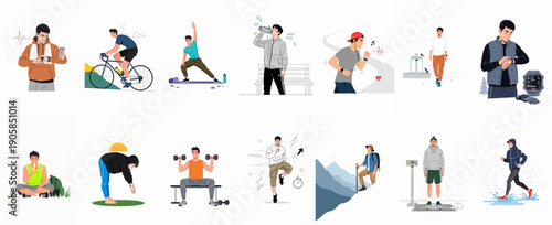 Collection of illustrations depicting men's fitness activities, sports, and health monitoring using smartwatches, including running, cycling, yoga, and weightlifting.