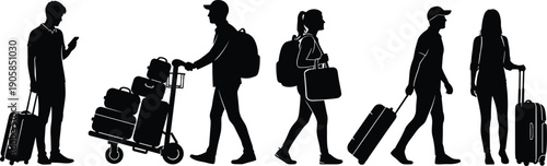 Black silhouettes of travelers with suitcases and backpacks walking with luggage trolley isolated on white background for tourism and travel