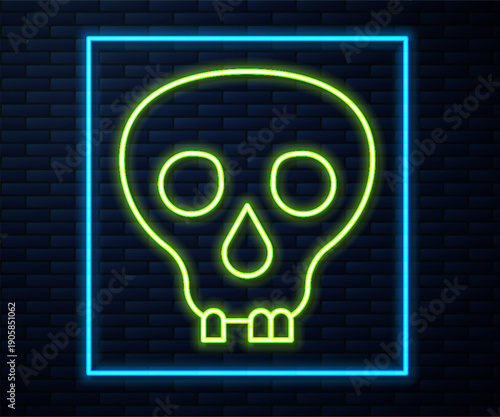 Glowing neon line Skull icon isolated on brick wall background. Happy Halloween party. Vector