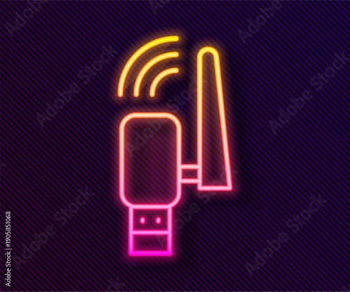 Glowing neon line Usb wireless adapter icon isolated on black background. Vector