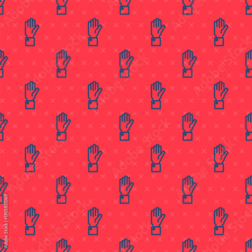 Blue line Hand holding auction icon isolated seamless pattern on red background. Bidding concept. Auction competition. Vector