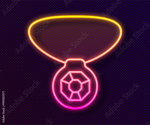 Glowing neon line Necklace with gem icon isolated on black background. Vector