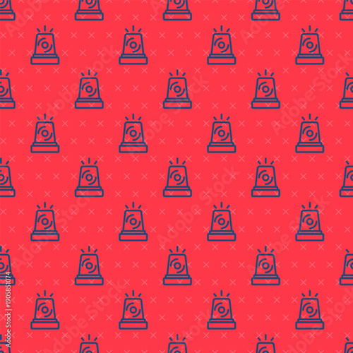 Blue line Flasher siren icon isolated seamless pattern on red background. Emergency flashing siren. Vector