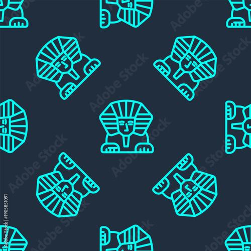 Green line Sphinx - mythical creature of ancient Egypt icon isolated seamless pattern on blue background. Vector