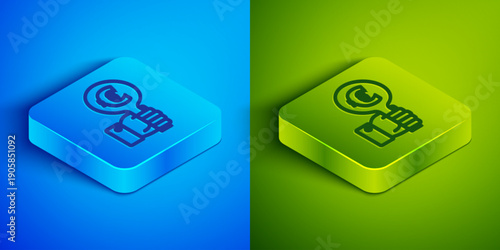Isometric line Hand holding auction paddle icon isolated on blue and green background. Bidding concept. Auction competition. Hands rising signs with BID inscriptions. Square button. Vector