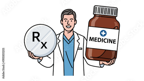 Pharmacist with Medicine: A smiling pharmacist, adorned in a white coat, presents a prescription pill alongside a medicine bottle, symbolizing healthcare and medication.