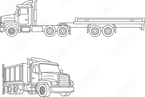 Line art flatbed and dump truck illustration set showing heavy duty commercial transport vehicles side and perspective views isolated on white background
