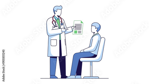 Medical Consultation: A doctor, stethoscope around neck, discusses medical documents with a patient during a consultation, providing healthcare services.