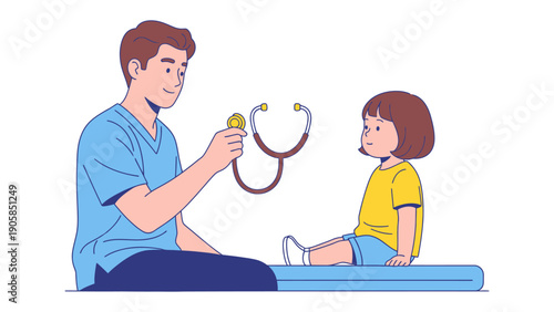Doctor Examining a Young Patient: A compassionate doctor gently examines a young girl with a stethoscope, capturing the moment of care and empathy in a medical setting.