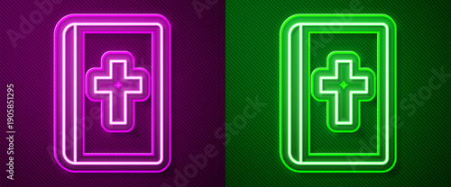 Glowing neon line Holy bible book icon isolated on purple and green background. Vector
