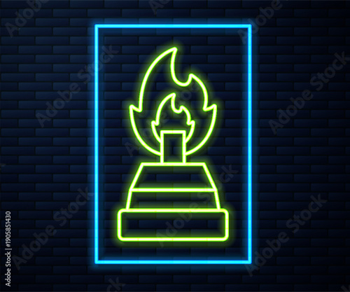 Glowing neon line Alcohol or spirit burner icon isolated on brick wall background. Chemical equipment. Vector