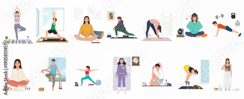 Wellness and self-care routine set: diverse people practicing yoga, meditation, home exercise, stretching, and healthy daily habits for well-being.