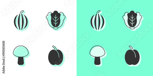 Set Plum fruit, Watermelon, Mushroom and Cabbage icon. Vector