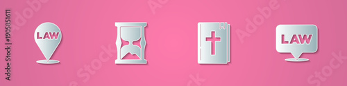 Set paper cut Location law, Old hourglass, Holy bible book and icon. Paper art style. Vector