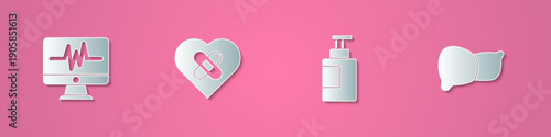 Set paper cut Monitor with cardiogram, Healed broken heart, Hand sanitizer bottle and Human organ liver icon. Paper art style. Vector