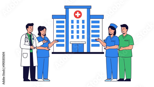 Healthcare Heroes: A team of dedicated medical professionals, standing proudly in front of a modern hospital, embodying expertise and compassion.
