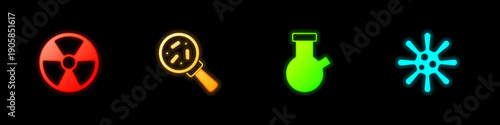 Set Radioactive, Microorganisms under magnifier, Test tube and flask and Bacteria icon. Vector