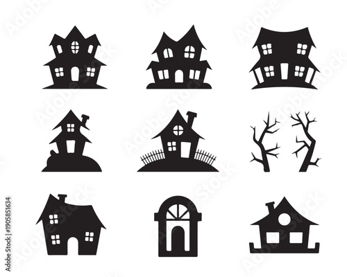 Collection of creepy haunted houses and spooky mansion silhouettes vector icons set frightening architectures halloween background elements and mysterious tree branches