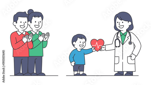 Heartfelt Healthcare: A young child joyfully receives a healthy heart from a doctor, watched over with gratitude by his supportive family, representing hope and well-being.