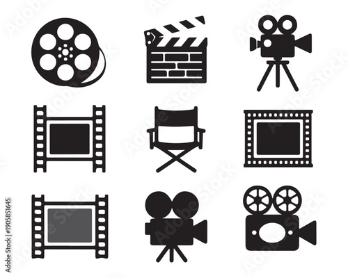 Collection of black silhouette icons representing filmmaking equipment and production elements for creative industry concepts