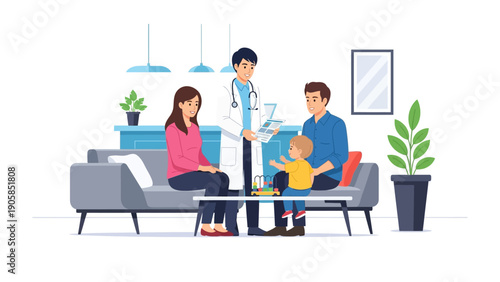 Family's health consultation: A family is consulting with a medical doctor in a bright room. The doctor is holding medical file and communicating with them, who are sitting on sofa.