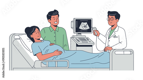 Expecting with Care: A doctor performing a medical scan on a pregnant woman in a hospital room, a heartwarming display of family anticipation.