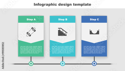 Set Longboard or skateboard, Skateboard stairs with rail and park. Business infographic template. Vector